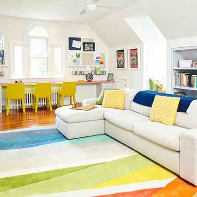 Inspiration for a large transitional gender-neutral medium tone wood floor and brown floor kids' room remodel in Wilmington with white walls