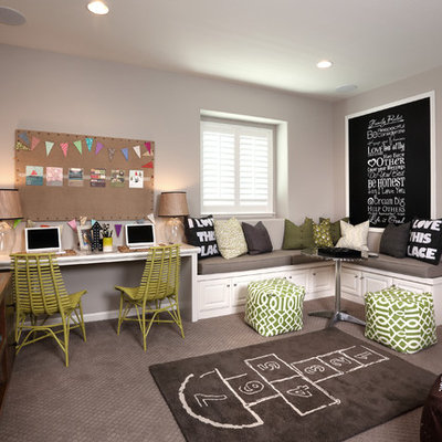 Beach style gender-neutral carpeted kids' study room photo in San Francisco with gray walls