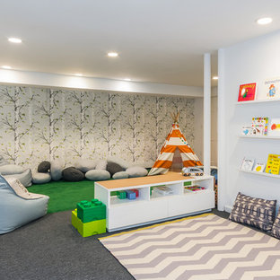 Inspiration for a mid-sized contemporary gender-neutral carpeted and gray floor kids' room remodel in New York with multicolored walls