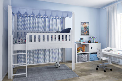 Diseño de dormitorio infantil de 4 a 10 años contemporáneo de tamaño medio con paredes azules, suelo de madera pintada y suelo beige