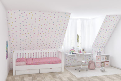 Modelo de dormitorio infantil de 4 a 10 años contemporáneo de tamaño medio con paredes multicolor y suelo de madera pintada