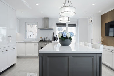 Transitional kitchen photo in New York with recessed-panel cabinets and an island