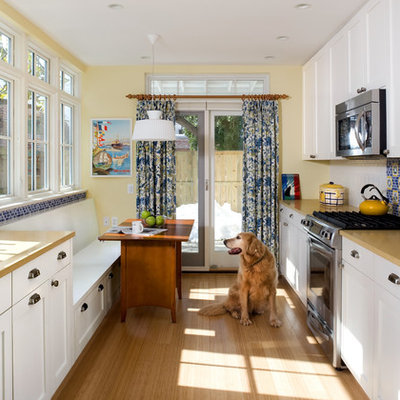 Enclosed kitchen - traditional galley enclosed kitchen idea in DC Metro with white cabinets, multicolored backsplash, stainless steel appliances and shaker cabinets