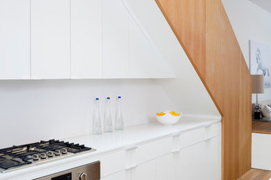 Trendy kitchen photo in DC Metro with flat-panel cabinets and white cabinets