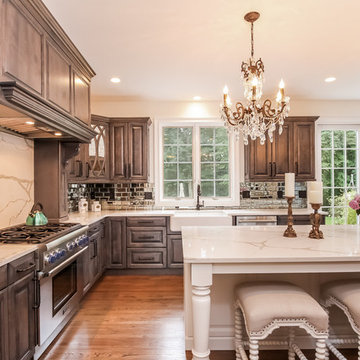 #1616 White Birch Cabinets:  Driftwood Grey Stain & White Painted Island