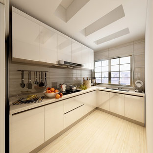Inspiration for a small modern l-shaped separate kitchen in Other with a double-bowl sink, beaded inset cabinets, yellow cabinets, quartzite benchtops, white splashback, ceramic splashback, white appliances, ceramic floors, no island, yellow floor and white benchtop.
