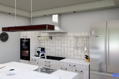 他の地域にある高級な中くらいなモダンスタイルのおしゃれなキッチン (シングルシンク、フラットパネル扉のキャビネット、淡色木目調キャビネット、木材カウンター、ベージュキッチンパネル、セラミックタイルのキッチンパネル、シルバーの調理設備、ラミネートの床、ベージュの床、白いキッチンカウンター、格子天井) の写真