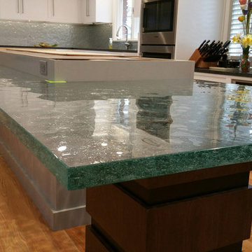 2" thick cast glass counter in a modern kitchen