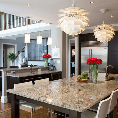 Trendy open concept kitchen photo in Atlanta with stainless steel appliances, a double-bowl sink, flat-panel cabinets, dark wood cabinets and granite countertops
