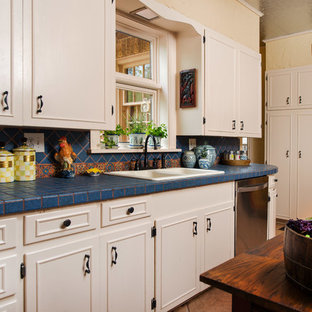 Design ideas for a traditional kitchen in Dallas with tile benchtops, a drop-in sink, blue splashback, white cabinets and blue benchtop.