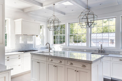 Large transitional u-shaped dark wood floor open concept kitchen photo in Providence with a single-bowl sink, recessed-panel cabinets, white cabinets, marble countertops, white backsplash, marble backsplash, stainless steel appliances and an island
