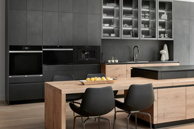Trendy kitchen photo in Chicago with flat-panel cabinets, paneled appliances and an island