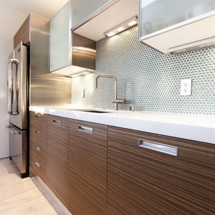 Kitchen - modern kitchen idea in San Francisco with glass-front cabinets, stainless steel appliances and quartz countertops