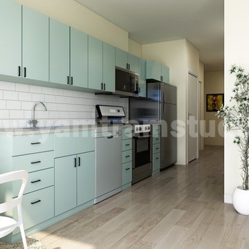 Mid-century style Open Kitchen with Living Room idea