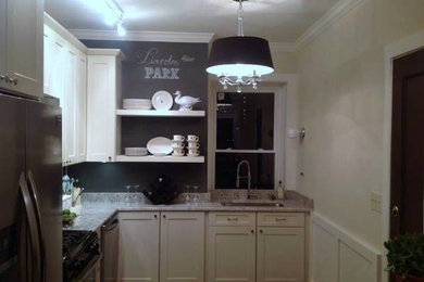 Foto de cocina comedor bohemia pequeña con armarios estilo shaker, puertas de armario blancas, encimera de granito, electrodomésticos de acero inoxidable, suelo de madera oscura y una isla