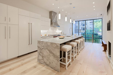 Kitchen - contemporary kitchen idea in New York with white cabinets, stainless steel appliances and an island