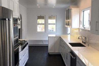 Example of a mid-sized trendy galley dark wood floor enclosed kitchen design in Los Angeles with an undermount sink, shaker cabinets, white cabinets, white backsplash, stainless steel appliances and no island