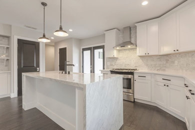 Transitional l-shaped dark wood floor kitchen photo in Sacramento with a farmhouse sink, shaker cabinets, marble countertops, white backsplash, marble backsplash and stainless steel appliances