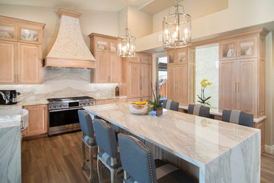 Elegant u-shaped kitchen photo in San Francisco with raised-panel cabinets and light wood cabinets