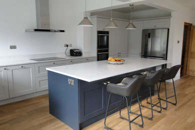 Medium sized contemporary l-shaped kitchen/diner in Other with a double-bowl sink, shaker cabinets, grey cabinets, quartz worktops, stainless steel appliances, an island and white worktops.