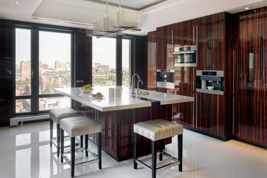 Einzeilige Moderne Wohnküche mit flächenbündigen Schrankfronten, dunklen Holzschränken, Quarzwerkstein-Arbeitsplatte und Kücheninsel in Boston