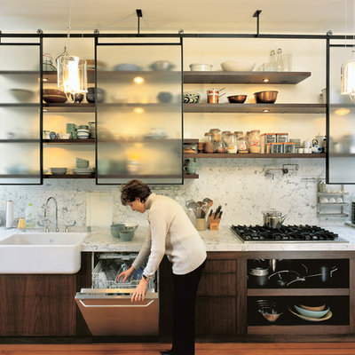 Example of a trendy kitchen design in San Francisco with open cabinets