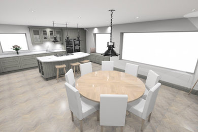 Design ideas for a large contemporary kitchen/diner in Glasgow with a submerged sink, shaker cabinets, grey cabinets, quartz worktops, white splashback, stainless steel appliances, medium hardwood flooring, an island, grey floors and white worktops.