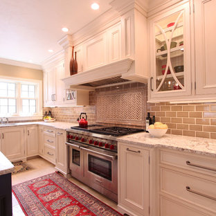 Accent tile behind range paired with 3x6 subway tile