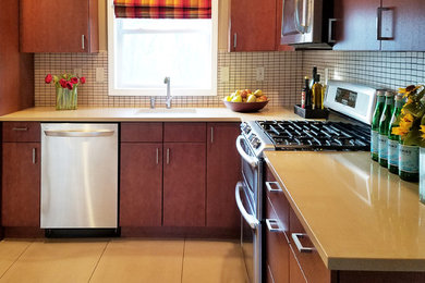 ボストンにある中くらいなトランジショナルスタイルのおしゃれなキッチン (アンダーカウンターシンク、フラットパネル扉のキャビネット、濃色木目調キャビネット、クオーツストーンカウンター、白いキッチンパネル、磁器タイルのキッチンパネル、シルバーの調理設備、セラミックタイルの床、アイランドなし、ベージュの床、ベージュのキッチンカウンター) の写真