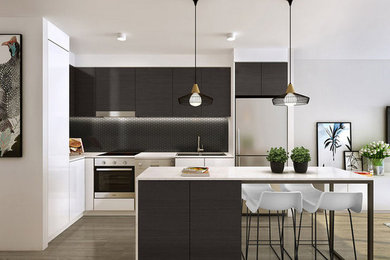 Design ideas for a small l-shaped kitchen/diner in Brisbane with a submerged sink, composite countertops, black splashback, ceramic splashback, medium hardwood flooring, an island, flat-panel cabinets, dark wood cabinets and stainless steel appliances.