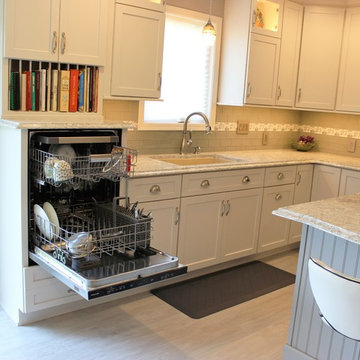 Alpha, IL White and Gray Kitchen with Hidden Laundry and Raised Dishwasher