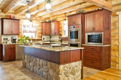 Inspiration for a mid-sized rustic u-shaped porcelain tile and gray floor eat-in kitchen remodel in Boston with a farmhouse sink, shaker cabinets, dark wood cabinets, granite countertops, gray backsplash, stone tile backsplash, stainless steel appliances, an island and gray countertops