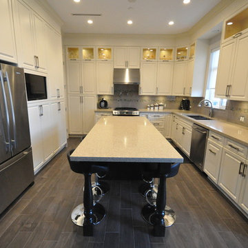 Antique White Kitchen with Coal stained Island
