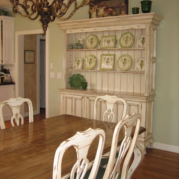 antiqued, glazed, stained, and distressed kitchen table, chairs, and hutch