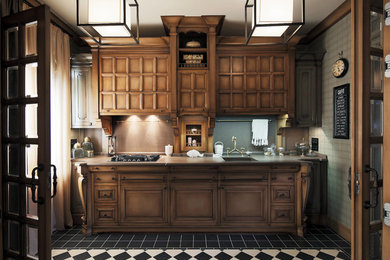 Elegant single-wall enclosed kitchen photo in Moscow with an undermount sink, medium tone wood cabinets and no island