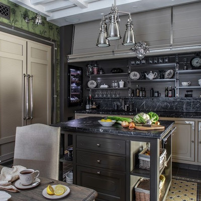 Inspiration for a timeless single-wall multicolored floor eat-in kitchen remodel in Moscow with recessed-panel cabinets, black backsplash, black appliances, an island and black countertops