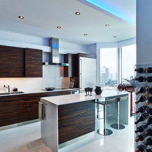 Inspiration for a large modern l-shaped separate kitchen in Other with a double-bowl sink, flat-panel cabinets, brown cabinets, quartz benchtops, white splashback, porcelain splashback, stainless steel appliances, porcelain floors, with island and white floor.