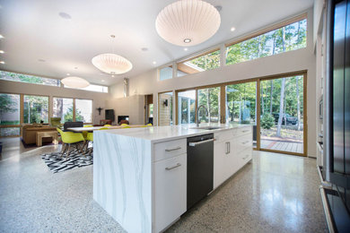 Idee per un cucina con isola centrale moderno con ante bianche, top in quarzo composito, elettrodomestici neri, pavimento in cemento e top bianco