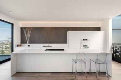 Ejemplo de cocina comedor lineal minimalista grande con armarios con paneles lisos y una isla