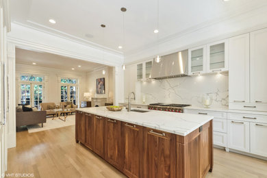 Example of a transitional kitchen design in Chicago with raised-panel cabinets and an island