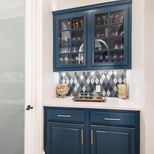 Large transitional open concept kitchen ideas - Example of a large transitional single-wall medium tone wood floor and brown floor open concept kitchen design in Dallas with a single-bowl sink, flat-panel cabinets, blue cabinets, quartz countertops, white backsplash, marble backsplash, stainless steel appliances, an island and white countertops