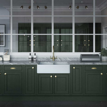 Ash In-frame Forest Green Shaker style Kitchen with Large Glass Panelling