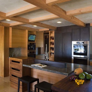 Eat-in kitchen - huge contemporary limestone floor eat-in kitchen idea in San Francisco with an undermount sink, flat-panel cabinets, light wood cabinets, granite countertops, multicolored backsplash, stainless steel appliances and two islands