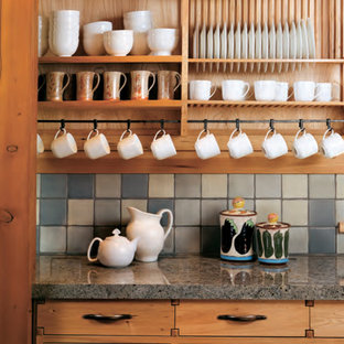 Design ideas for an expansive traditional u-shaped separate kitchen in San Francisco with a farmhouse sink, shaker cabinets, light wood cabinets, terrazzo benchtops and grey splashback.