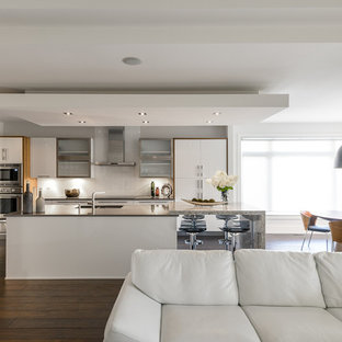 Immagine di una cucina design con ante lisce, ante bianche, paraspruzzi bianco, elettrodomestici in acciaio inossidabile e paraspruzzi con lastra di vetro