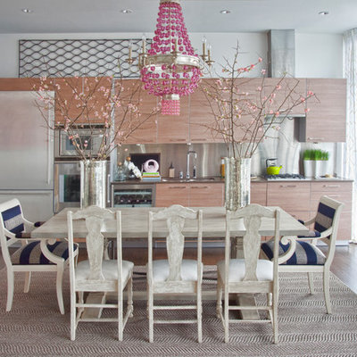 Eat-in kitchen - contemporary single-wall eat-in kitchen idea in Atlanta with flat-panel cabinets, metallic backsplash, metal backsplash, stainless steel appliances and light wood cabinets
