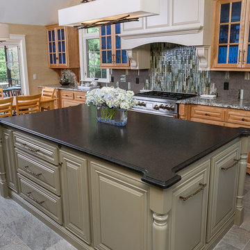 Atlantic Black Brushed Island and Blue Flowers granite countertop