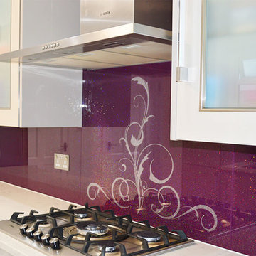 Aubergine Custom Stencil Design With Rainbow Sparkle Glass Splashback
