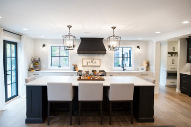 Large transitional l-shaped light wood floor and brown floor eat-in kitchen photo in Detroit with an undermount sink, shaker cabinets, white cabinets, quartz countertops, white backsplash, paneled appliances, an island and white countertops