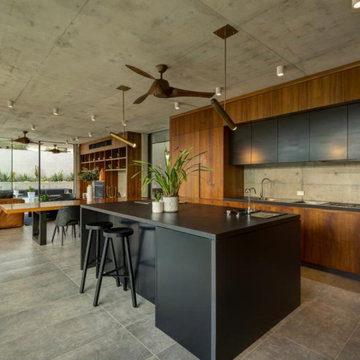 two toned timber and black kitchen